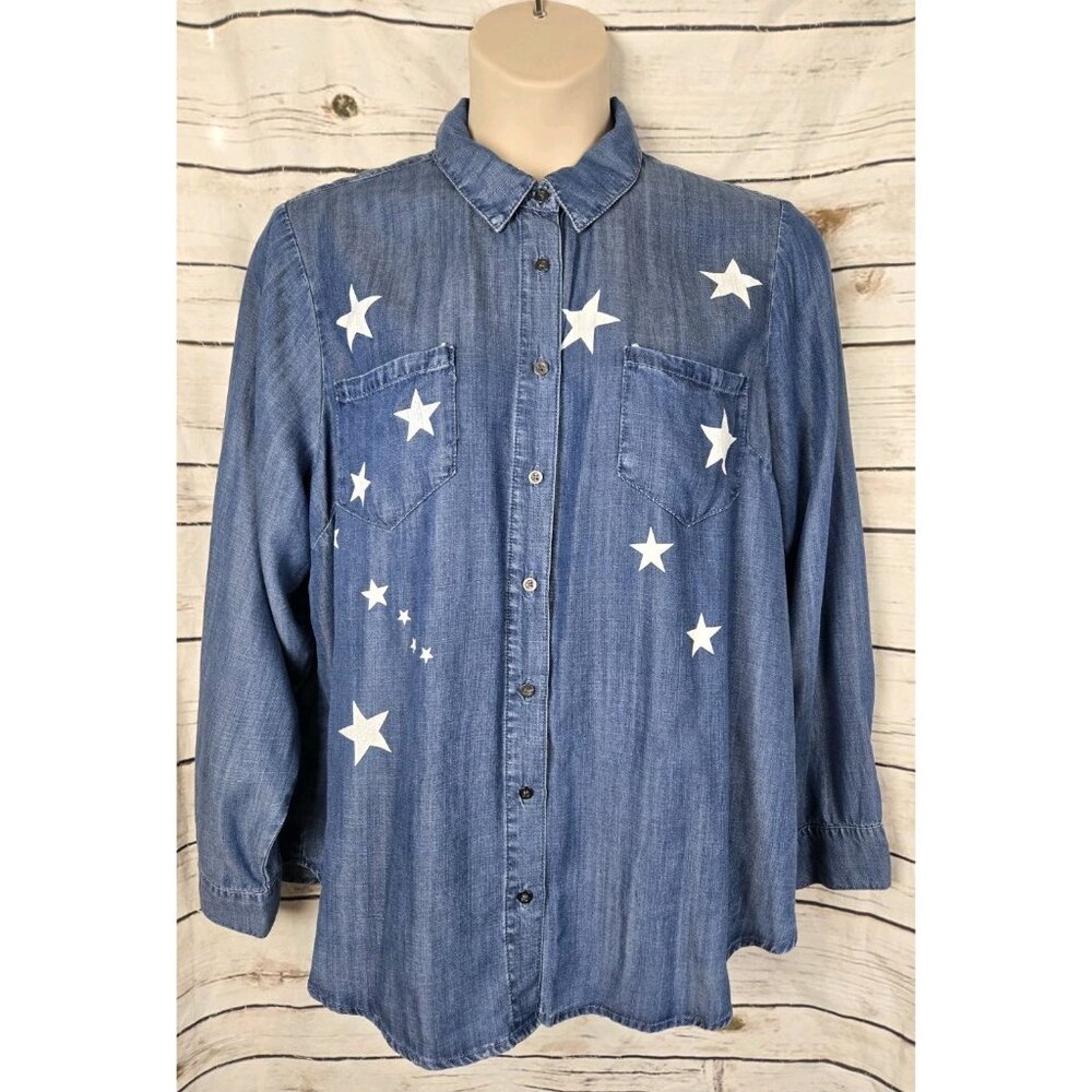 Elliott & Vine Star Print Chambray Top 3X Button Up Lyocell Long Sleeves